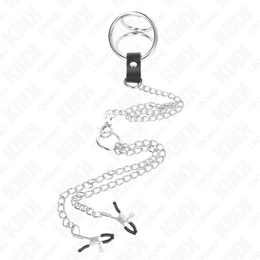 Anello pene in metallo cromato triplo con catena e clip capezzoli